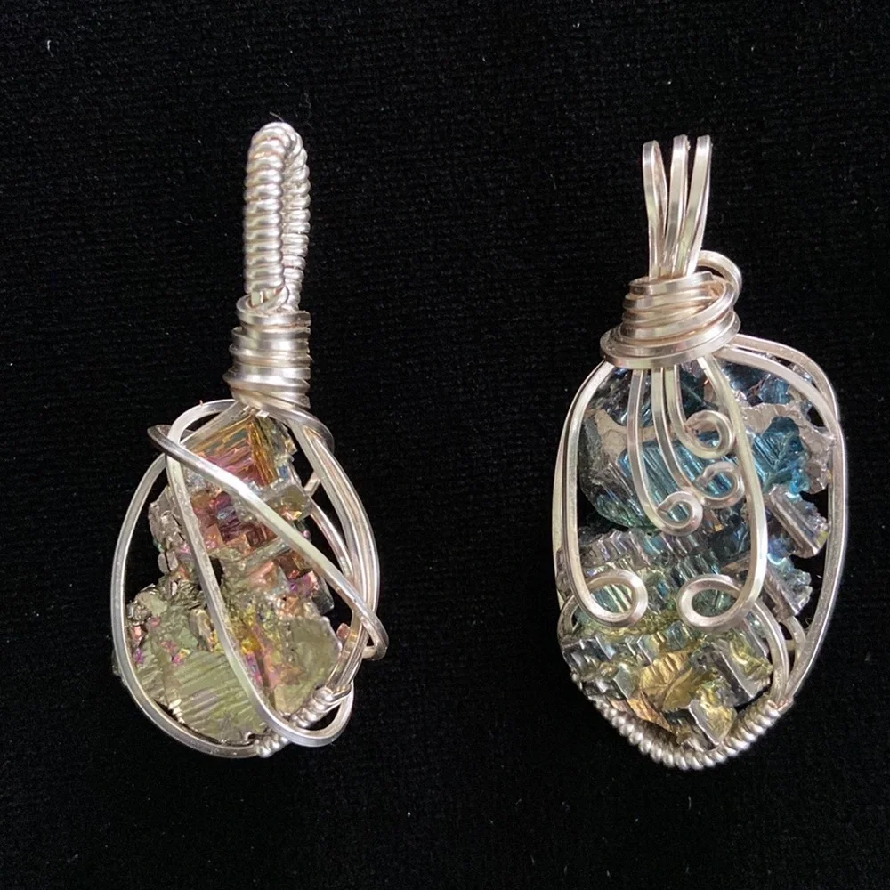 Artist Silver Wire cage wrapped pendant rainbow iridescent geometric bismuth